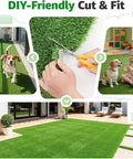 Pet Friendly No Fuss Artificial Turf Realistic 25mm Pile UV Resistant Synthetic Grass for Garden and Pets shown with installation and cut examples