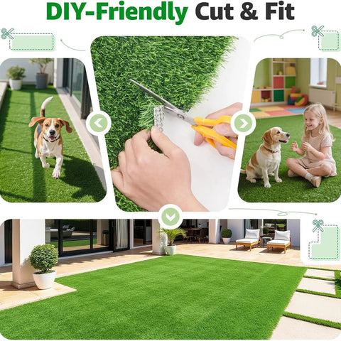 Pet Friendly No Fuss Artificial Turf Realistic 25mm Pile UV Resistant Synthetic Grass for Garden and Pets shown with installation and cut examples