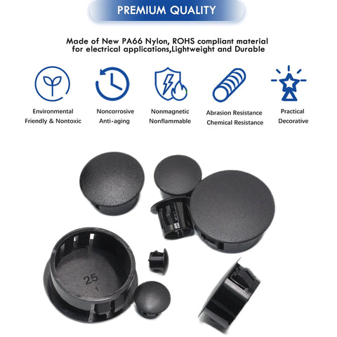 250 Piece Nylon Hole Plugs Set In 8 Sizes 1/4 To 1 Inch Black Flush Panel Knockout Locking Plugs with premium quality detail