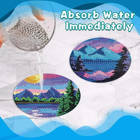 Eight Piece Diamond Art Coaster Kit With Holder Landscape Themed Full Drill Rhinestone Coasters For Adults And Beginners DIY Totally Sparkly Diamond Painting For Tables Practical Tabletop Protection Fun And Relaxing Craft with water absorption demonstration