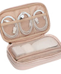 Open Travel Cord Organizer Case With Dual Layer Design For Chargers Cables Phone USB Drives And Small Gadgets Medium Pink Tech Organizer Bag With Elastic Straps And Zipper Mesh Pockets For Easy On The Go Storage showing cables inside mesh pockets.