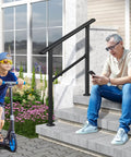 Heavy Duty 3 Step Handrails For Outdoor Front Porch Stairs Durable Safety Guardrail with child on scooter and man on steps.