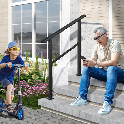 Heavy Duty 3 Step Handrails For Outdoor Front Porch Stairs Durable Safety Guardrail with child on scooter and man on steps.