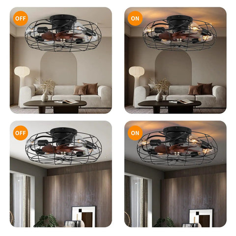 Twenty One Inch Low Profile Caged Ceiling Fan With Lights Remote Control Included Four Light Bulbs Dope Black Finish Flush Mount Fixture For Kitchen And Bedroom Industrial Style