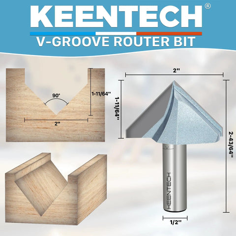 90 Degree V Groove Router Bit For Woodworking With Half Inch Shank Two Inch Diameter And One And Eleven Sixty Fourth Inch Cutting Depth