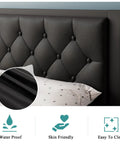 Close-up of button tufted black faux leather headboard from Super Sturdy Twin Size Metal Bed Frame With Faux Leather Platform And Button Tufted Headboard Hella Roomy Underbed Storage Glow Night Light Legs Straight Up Easy Setup No Box Spring Needed Black.