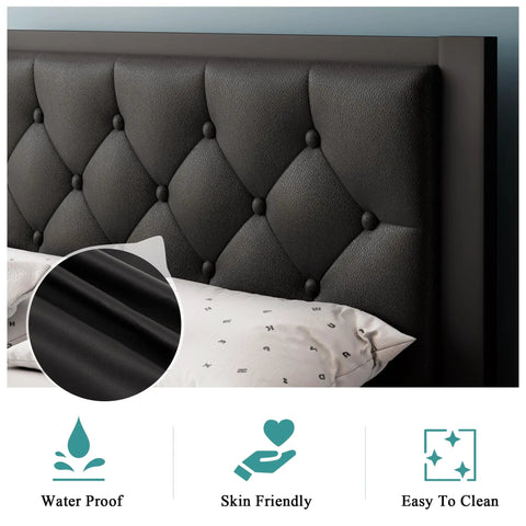Close-up of button tufted black faux leather headboard from Super Sturdy Twin Size Metal Bed Frame With Faux Leather Platform And Button Tufted Headboard Hella Roomy Underbed Storage Glow Night Light Legs Straight Up Easy Setup No Box Spring Needed Black.