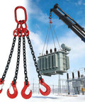 Tough As Nails Four Directional Lifting Chains With Sure Grip Grab Hooks hoisting a transformer with red hooks against a blue sky.