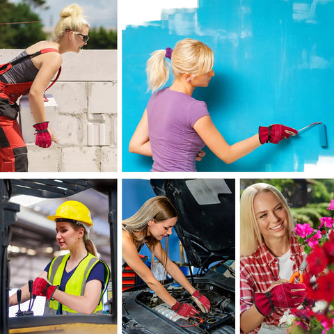 Women wearing Womens Leather Work Gloves Medium Rose Red And Grey Tough As Nails Heavy Duty Cowhide With Cotton Lining