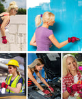 Women wearing Womens Leather Work Gloves X Large For Gardening Welding Construction Chainsaw Farm Ranch Utility With Cowhide Leather And Cotton Lining Durable Rugged Grip Rose Red Gray in various activities like painting, gardening, and mechanic work.