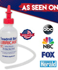 Treadmill Belt Lube 100 Percent Silicone Oil Made in USA Odorless Safe for Home and Pets bottle with applicator, media logos.