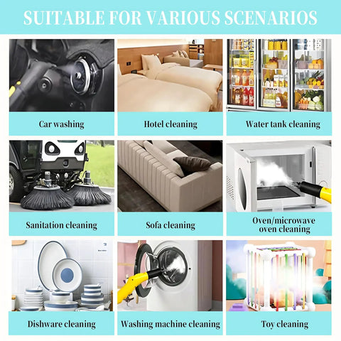 Heavy Duty Industrial Steam Cleaner For Home And Car Use, shown in various cleaning scenarios like car, hotel, and oven.