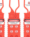 Lock Out Tag Out Hasp Bundle, Non Conductive Polypropylene LOTO Hasps, 3 Pack, red color, "Danger" label visible, safety gear