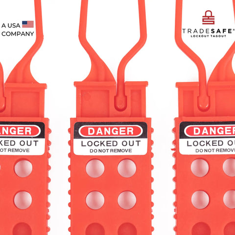 Lock Out Tag Out Hasp Bundle, Non Conductive Polypropylene LOTO Hasps, 3 Pack, red color, "Danger" label visible, safety gear