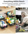 Two Tier Under Sink Organizer With Butter Smooth Mesh Sliding Drawers And Silent Roll Tracks That Make Deep Cabinet Storage A Total Breeze For Quick Every Day Access in kitchen cabinet with cleaning supplies.