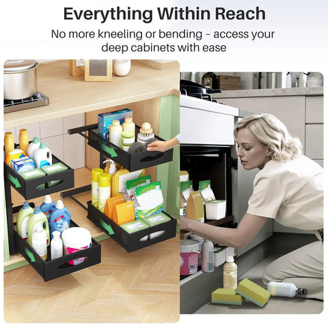 Two Tier Under Sink Organizer With Butter Smooth Mesh Sliding Drawers And Silent Roll Tracks That Make Deep Cabinet Storage A Total Breeze For Quick Every Day Access in kitchen cabinet with cleaning supplies.
