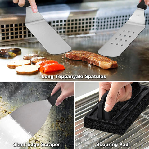 Ultimate 29 Piece Griddle Accessories Kit With Teppanyaki Spatulas Scraper Basting Cover And Grill Press for BBQ Pros