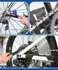 5 In 1 Do It All Bike Chain Cleaner And Emergency Repair Tool Kit with gear brushes and multi-tool in use on bike chain