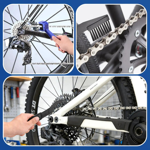 5 In 1 Do It All Bike Chain Cleaner And Emergency Repair Tool Kit with gear brushes and multi-tool in use on bike chain