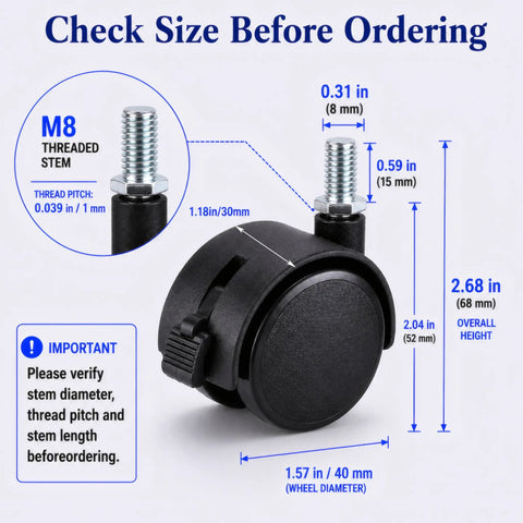 Four Pack 1.5 Inch Swivel Caster Wheels Featuring M8 Metric Thread And Secure Locking Brake dimensions and details diagram.