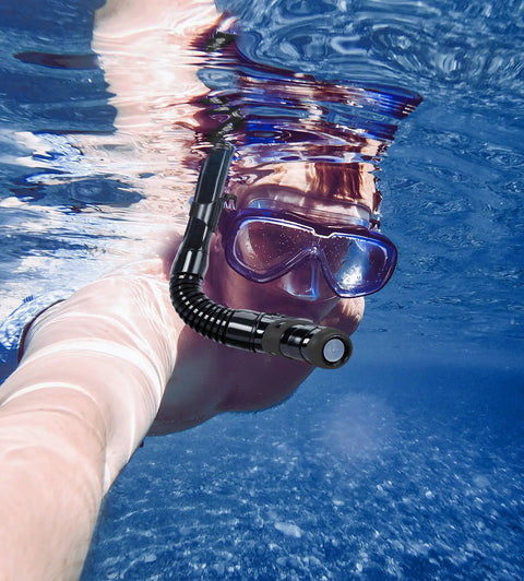 Person snorkeling with Dry Snorkel With Top Dry Valve And Food Grade Silicone Mouthpiece For Easy Breathing While Snorkeling And Diving