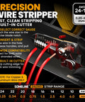 Close-up of precision wire stripper tool with gauge settings, built-in cutter, and red wires; suitable for 24-10 AWG copper and aluminum.