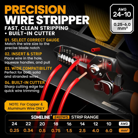 Close-up of precision wire stripper tool with gauge settings, built-in cutter, and red wires; suitable for 24-10 AWG copper and aluminum.