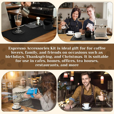 9 Piece Espresso Knock Box Kit With Oversized Silicone Coffee Mat And Tamping Mat on coffee station setup