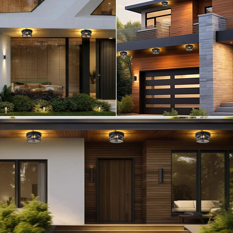 Kickass Motion Sensor Outdoor Ceiling Light Black Flush Mount with Dusk To Dawn and Auto Off Twilight Switch for Porch and Patio seen above entryways and garage.