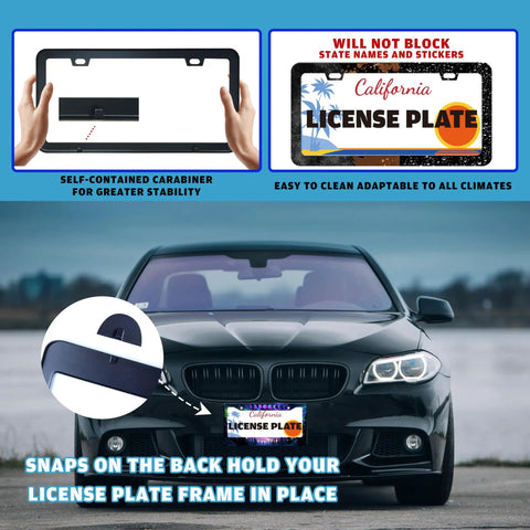 Sturdy Stainless Steel Moon Phases Aurora Forest License Plate Frame With Night Sky Design For Front Or Rear Cars Screws Included 6.3 X 12.2 Inches displayed on car bumper, highlights secure fit and visibility.