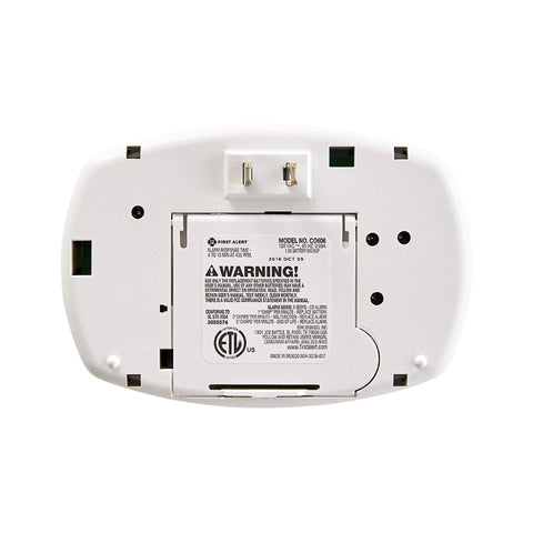 Plug-In Carbon Monoxide Alarm With Battery Backup And Smoke Detector - Hardwired Safety Sensor, back view showing outlet plug.
