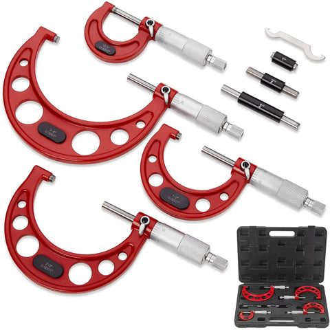 Pro Grade Outside Micrometer Set 0 To 4 Inches With Microfine 0.0001 Inch Readings, Includes Four Carbide Outside Micrometers