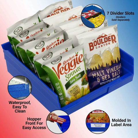 Image of a blue storage bin holding snack bags, demonstrating the 7 divider slots feature. Waterproof and easy to clean design.