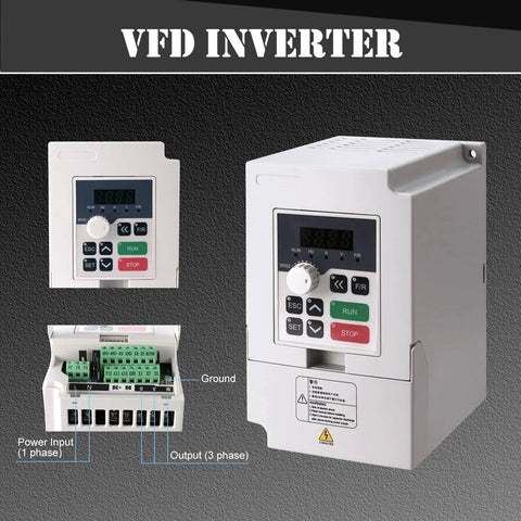 All-In-One 1.5KW Air Cooled Pro Grade CNC Spindle Kit With 110V VFD 65mm Clamp Mount showing VFD inverter details