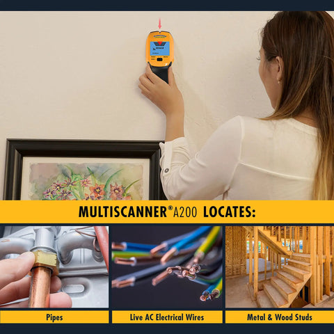 Person using MultiScanner A200 Electronic Wall Scanner Stud Finder And Metal Detector With Live AC Wire Detection on a wall