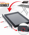 Two Tier Portable DJ Table Stand assembly showing mesh tabletop for laptops, MIDI controllers, tablets, 36 x 19.5 inch surface.