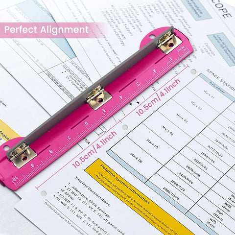 3 Hole Punch For Ring Binders With Built In Ruler, Handy Portable Paper Puncher, 5 Sheets Capacity shown in deep pink on documents