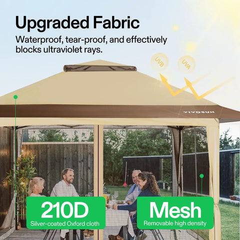 Close-up view of 13 X 13 Pop Up Canopy Tent With Mosquito Netting, Center Lock Quick Setup, featuring waterproof fabric and mesh sides.