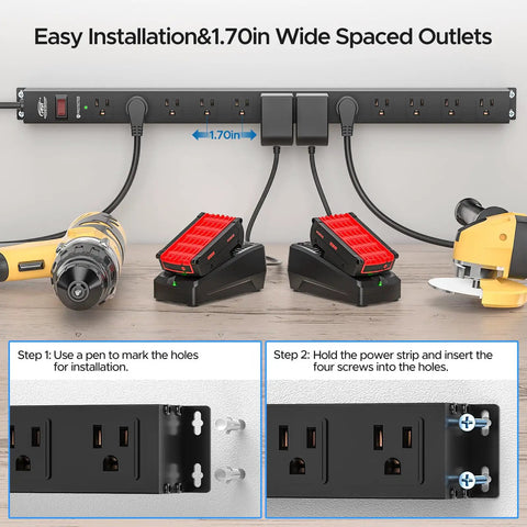 Beefy 12 Outlet Heavy Duty Power Strip With 15 Foot Cord And 2100 Joules Surge Protector, mountable with tools