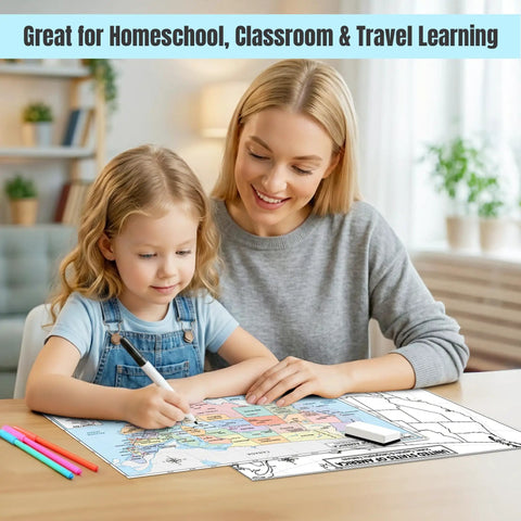 Mother and child using 11x17 Laminated Dry Erase Central America And Mexico Map, Double Sided With Color Front And Blank Outline Back