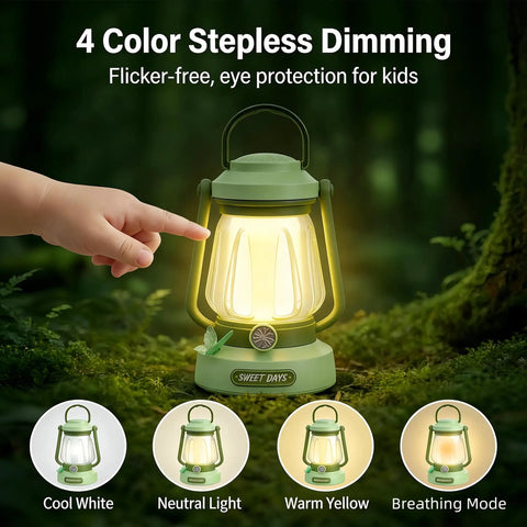 Child pointing at Kids Lantern With 4 Color Dimmable Lights And USB C Charging in forest setting, featuring lighting modes.