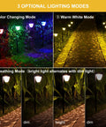 10 Pack Solar Pathway Lights Outdoor LED Garden Lights With Color Changing And Warm White Modes Waterproof Decorative Path Lights showcasing color changing, warm white, and breathing modes.