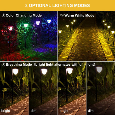 10 Pack Solar Pathway Lights Outdoor LED Garden Lights With Color Changing And Warm White Modes Waterproof Decorative Path Lights showcasing color changing, warm white, and breathing modes.