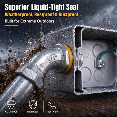 10 Piece Liquid Tight Conduit Connector Pack Includes 3/4 Inch Straight Fittings And Ninety Degree Elbows For Smooth Indoor Outdoor Cable Runs Into Boxes Heavy Duty Metal Construction Delivers No Sweat Installation And Rock Solid Grip, showing sealed conduit with waterproof seal.