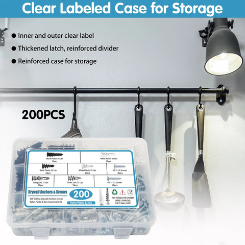 Heavy Duty Drywall Anchors And Screws Kit 200 Pieces Self Drilling For Drywall Sheetrock Hollow Doors And Plaster Walls With Zinc Metal And Nylon Anchors Includes Phillips Eight Screws In One And A Quarter Inch And One And A Half Inch in a labeled storage case
