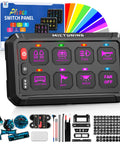 RGB 5 Inch 8 Gang Car Switch Panel With Beefed Up High Power Output, silicone cover, accessories, packaging.