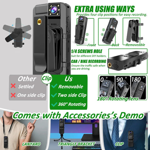 Crisp 4K Body Cam with audio, 180-degree lens, 6-hour battery, IR night vision, 128GB, and accessories for law enforcement use.