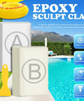 Pool Putty 12oz 2 Part Epoxy Putty Clay packaging by a pool, showing product benefits like waterproof and heat-resistant.