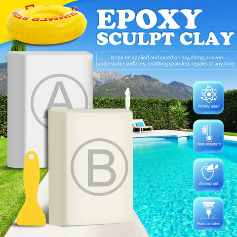Pool Putty 12oz 2 Part Epoxy Putty Clay packaging by a pool, showing product benefits like waterproof and heat-resistant.