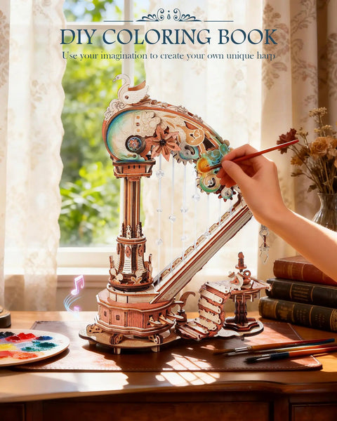3D Wooden Puzzle Harp Music Box With Mechanical Movement Building Kit Dope Gears That Pluck Strings To Play Ave Maria, hand-painted